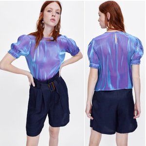 Iridescent puff sleeve Zara blouse, purple shimmer